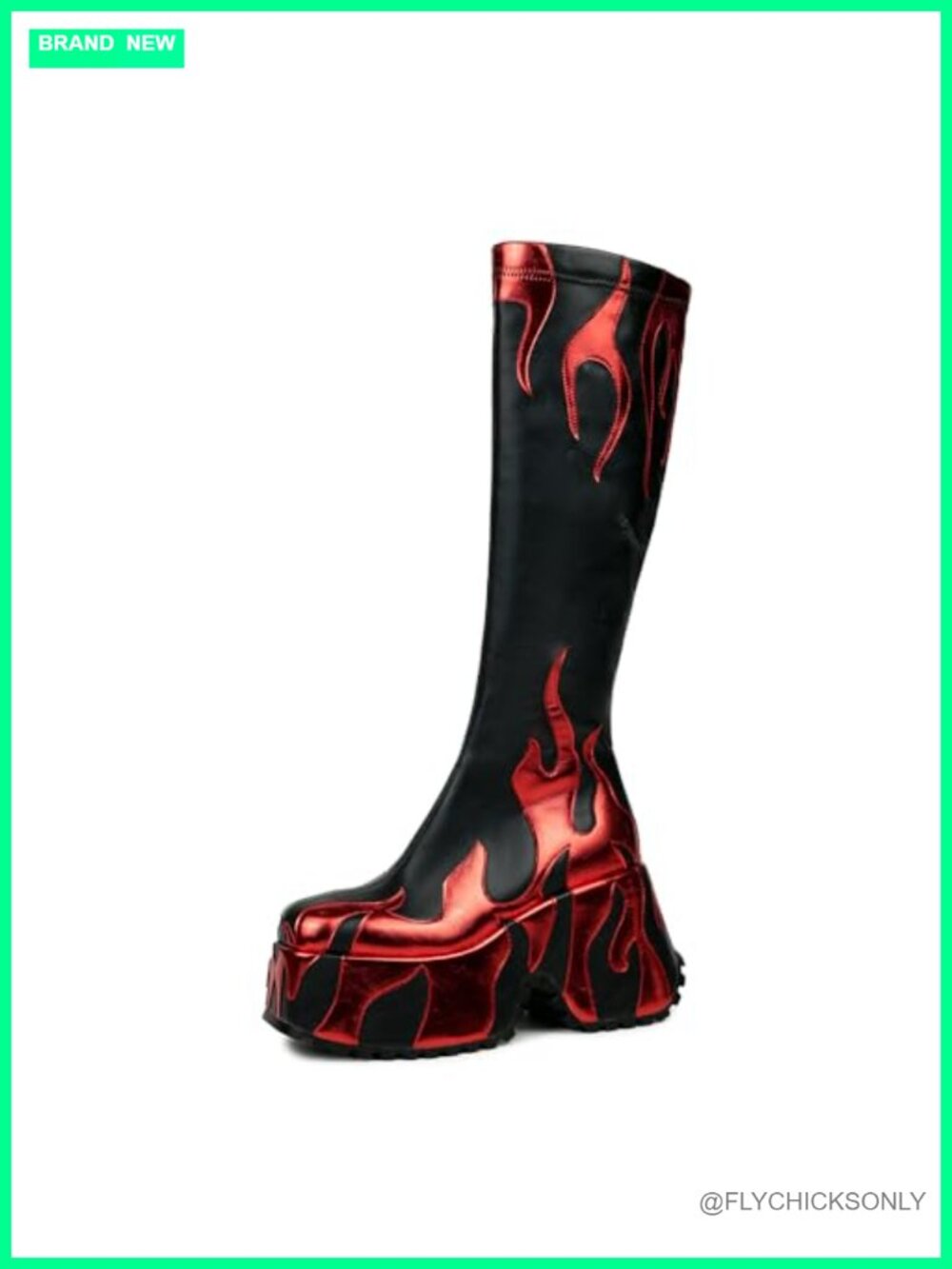 Faux Leather Chunky Platform Heeled Boots Round Toe Zip Flames Print